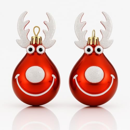 Wanna Party Set of 2 Cute Red Christmas Ball Reindeer Ornaments Christmas Tree Hanging, Metal Indoor and Outdoor Tree Decorations for Xmas Decorations - Image 1