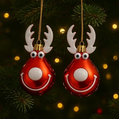 Wanna Party Set of 2 Cute Red Christmas Ball Reindeer Ornaments Christmas Tree Hanging, Metal Indoor and Outdoor Tree Decorations for Xmas Decorations - Image 2
