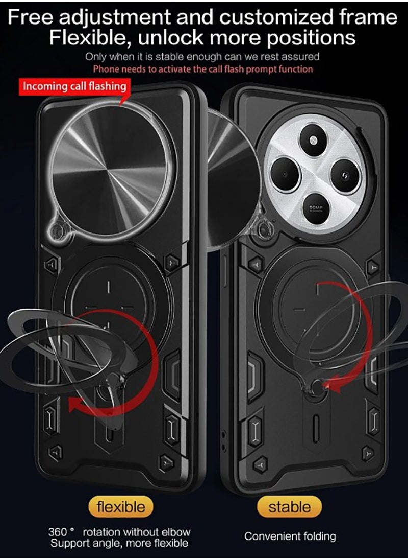 Armor Case for Redmi 14C with Slide Camera Cover, Shockproof Case with [Rotatable Big Ring Kickstand] for Redmi 14C, Black