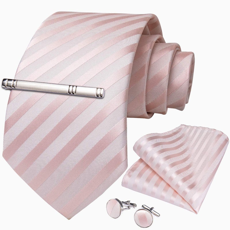 DiBanGu Mens Silk Necktie Solid Color Tie and Pocket Square Cufflink Tie Clip Set Woven Plain Ties for Men Wedding Party, Blush Pink - Image 3