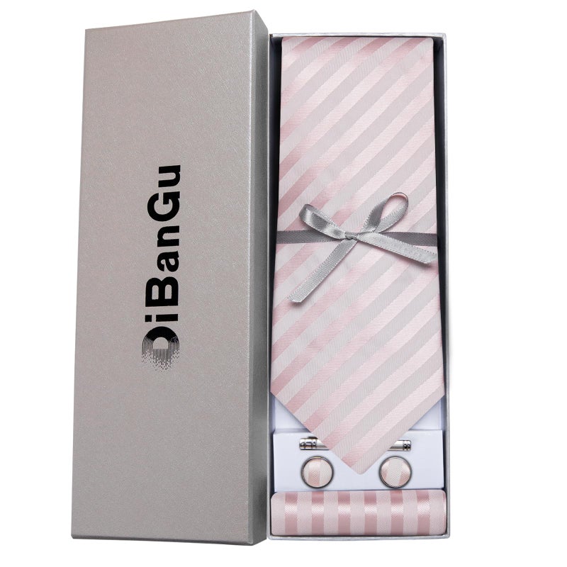 DiBanGu Mens Silk Necktie Solid Color Tie and Pocket Square Cufflink Tie Clip Set Woven Plain Ties for Men Wedding Party, Blush Pink - Image 4
