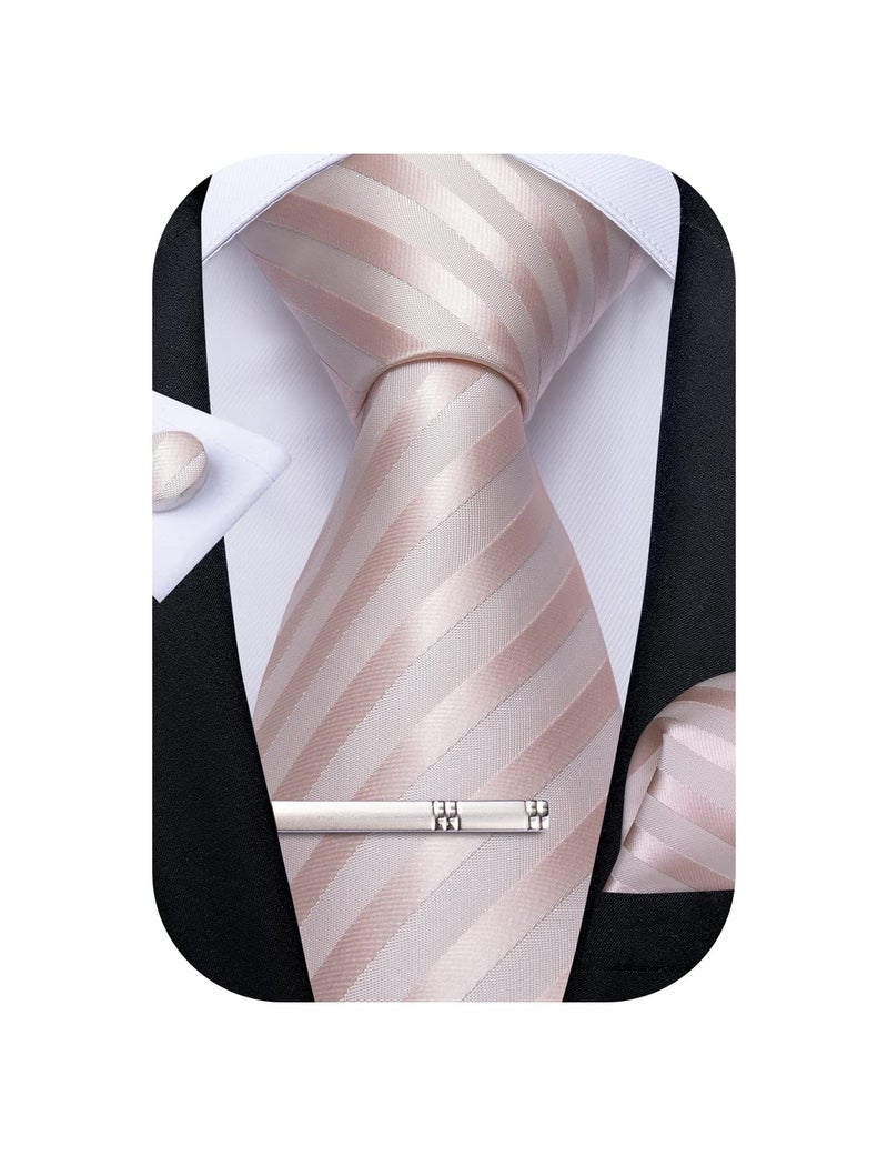 DiBanGu Mens Silk Necktie Solid Color Tie and Pocket Square Cufflink Tie Clip Set Woven Plain Ties for Men Wedding Party, Blush Pink - Image 1