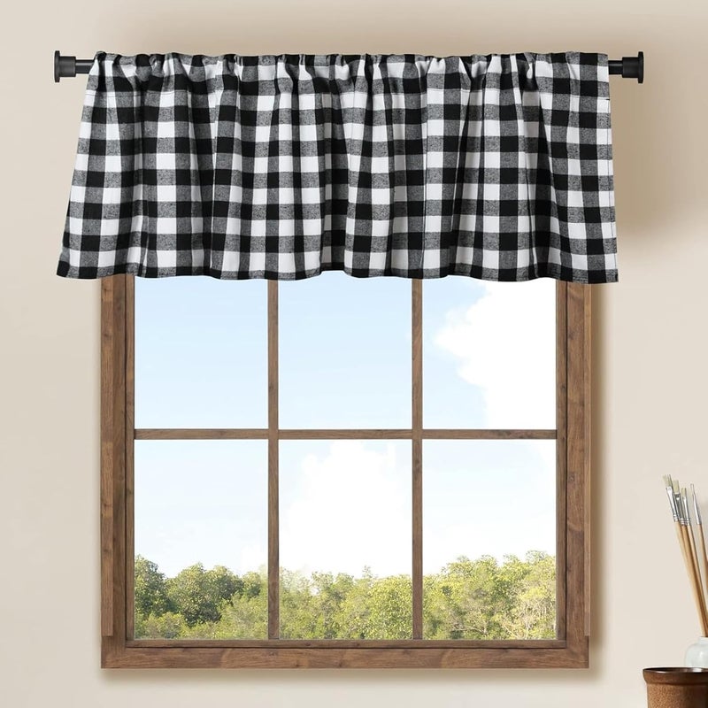 ChicAbode 2 Pack Plaid Window Valances, Black and White Farmhouse Window Treatment Curtains, Rod Pocket Valance for Kitchen Living Room 16 x 56 Inch - Image 1