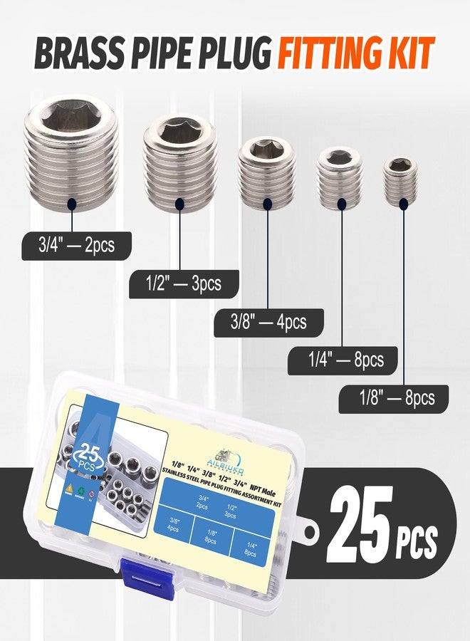Ailbiuko 25Pcs 304 Stainless Steel Pipe Plug Fittings Assortment Kit,5 Sizes 1/8" 1/4" 3/8" 1/2" 3/4" NPT Male Internal Hex Thread Socket Pipe Plug Set - Image 2