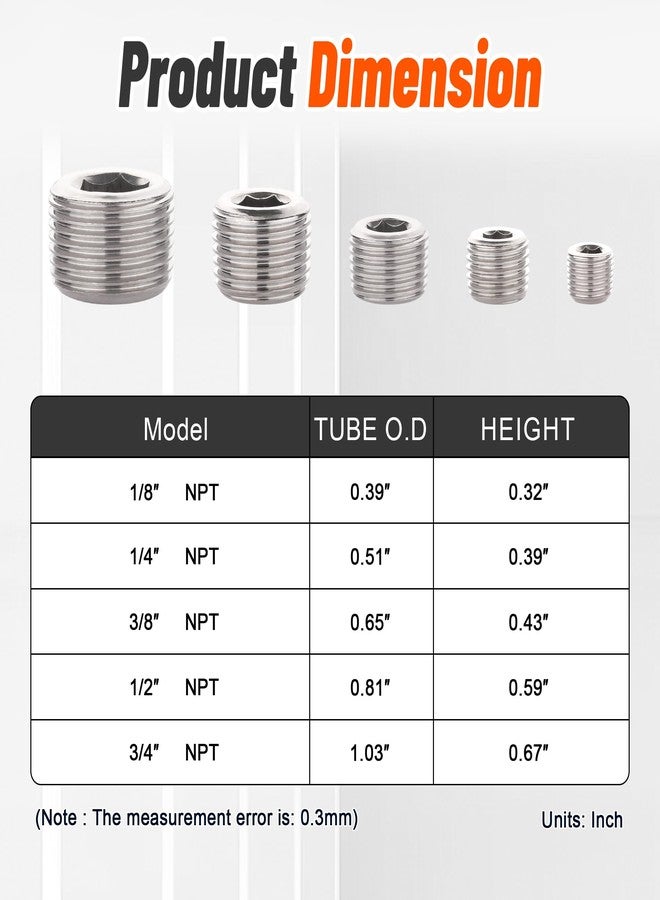 Ailbiuko 25Pcs 304 Stainless Steel Pipe Plug Fittings Assortment Kit,5 Sizes 1/8" 1/4" 3/8" 1/2" 3/4" NPT Male Internal Hex Thread Socket Pipe Plug Set - Image 5