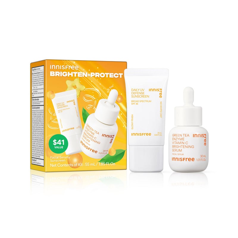 innisfree مجموعة إنيسفري للتفتيح والحماية، مجموعة العناية بالبشرة مع واقي شمس كوري للوجه وسيروم فيتامين C للتألق والإشراق - Image 1