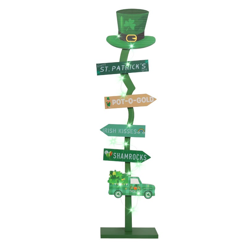 LETUBUYU 43.8" Lighted Wooden St. Patrick's Day Porch Sign Leprechaun Hat Shamrock Irish Train Standing Signs with Base for Indoor Outdoor Yard Decor - Image 1