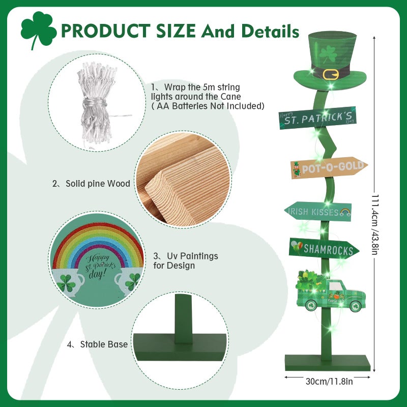 LETUBUYU 43.8" Lighted Wooden St. Patrick's Day Porch Sign Leprechaun Hat Shamrock Irish Train Standing Signs with Base for Indoor Outdoor Yard Decor - Image 4