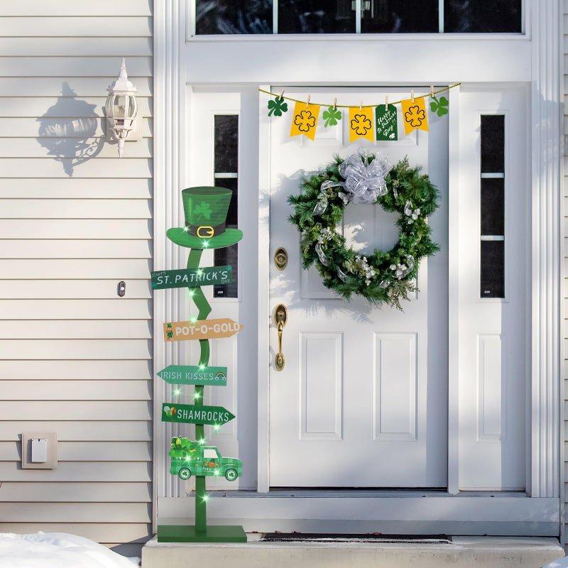 LETUBUYU 43.8" Lighted Wooden St. Patrick's Day Porch Sign Leprechaun Hat Shamrock Irish Train Standing Signs with Base for Indoor Outdoor Yard Decor - Image 2