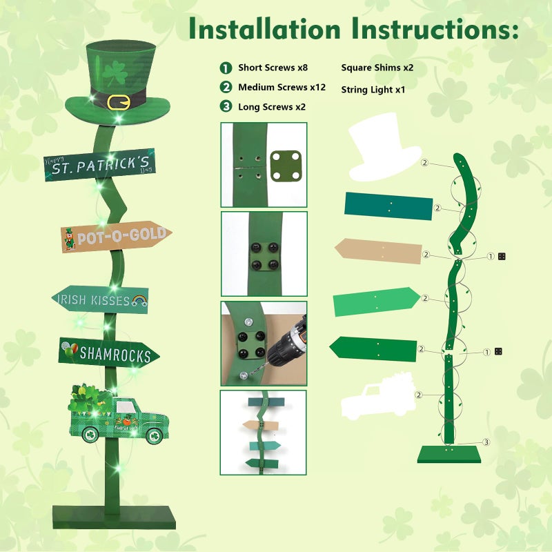 LETUBUYU 43.8" Lighted Wooden St. Patrick's Day Porch Sign Leprechaun Hat Shamrock Irish Train Standing Signs with Base for Indoor Outdoor Yard Decor - Image 5