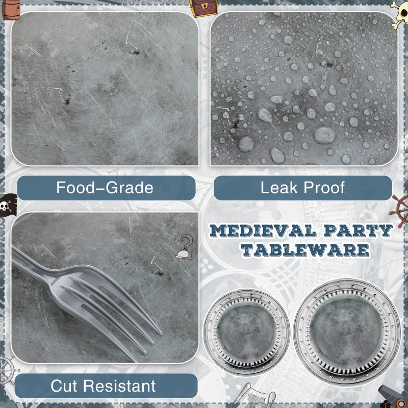Jingmore 48 Pcs Disposable Pewter Paper Plates Set for Medieval Party Decorations Dinner Round Tableware Silver Grey Plates Disposable for Pirate Knight Castle Renaissance Easter Supplies 9" and 7'' - Image 3