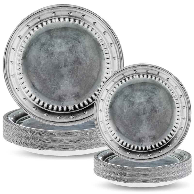 Jingmore 48 Pcs Disposable Pewter Paper Plates Set for Medieval Party Decorations Dinner Round Tableware Silver Grey Plates Disposable for Pirate Knight Castle Renaissance Easter Supplies 9" and 7'' - Image 1
