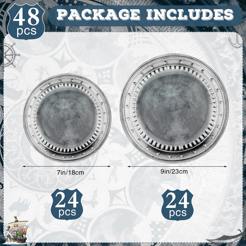 Jingmore 48 Pcs Disposable Pewter Paper Plates Set for Medieval Party Decorations Dinner Round Tableware Silver Grey Plates Disposable for Pirate Knight Castle Renaissance Easter Supplies 9" and 7'' - Image 2