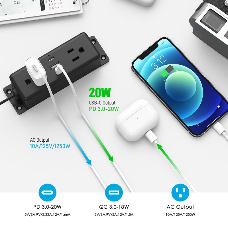 CCCEI Wall Mount Power Strip with USB Ports, Under Desk Mountable Power Strip with Outlets, 6FT Flat Plug Extension Cord Outlet, 20W USB-C Ports. - Image 4