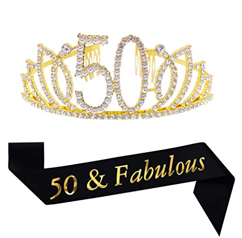 Mayin 50th Birthday Kit Gold Tiara and Sash Glitter Satin Sash and Crystal Rhinestone Tiara Crown for Happy 50th Birthday Party Supplies Favors Decorations 50th Birthday Party Accessories - Image 1
