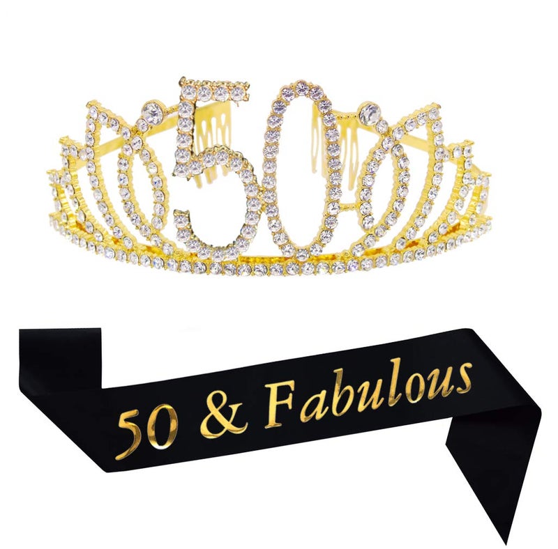 Mayin 50th Birthday Kit Gold Tiara and Sash Glitter Satin Sash and Crystal Rhinestone Tiara Crown for Happy 50th Birthday Party Supplies Favors Decorations 50th Birthday Party Accessories - Image 3