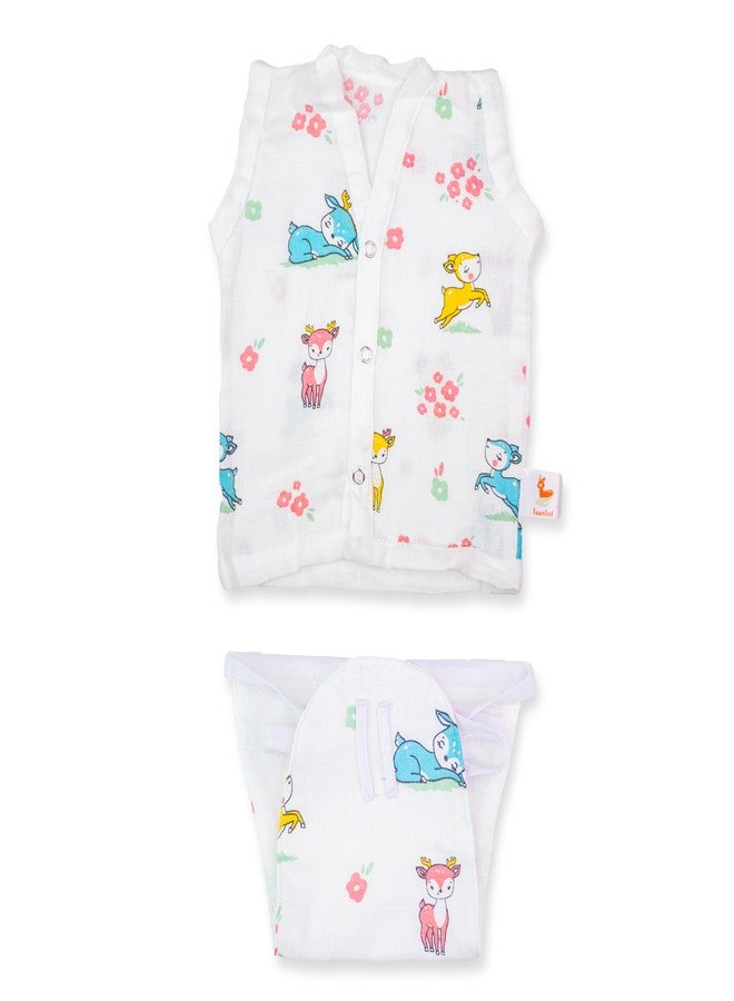 FawnFeel Baby Jhabla and Nappy Set - Soft Muslin Bamboo Blend, 0-6 Months (Fawn Print, 3-6 Months)
