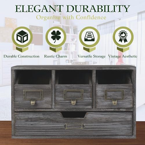Flexzion Apothecary Cabinet with 4 Drawers - Vintage Rustic Wood Desktop Organizer for Home & Office Supplies - Tabletop Wooden Storage for Catalog, Card, Jewelry, Makeup, Craft & Tools - Image 5
