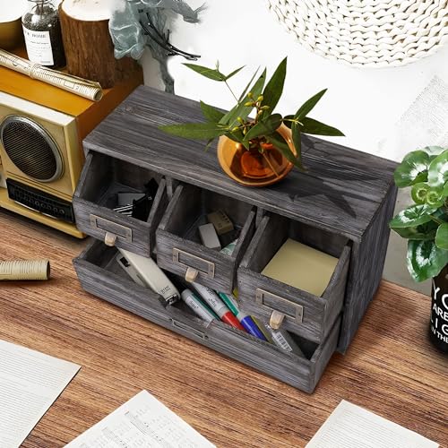Flexzion Apothecary Cabinet with 4 Drawers - Vintage Rustic Wood Desktop Organizer for Home & Office Supplies - Tabletop Wooden Storage for Catalog, Card, Jewelry, Makeup, Craft & Tools - Image 2