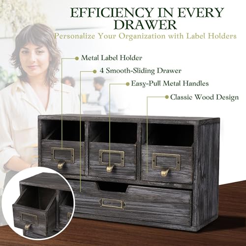 Flexzion Apothecary Cabinet with 4 Drawers - Vintage Rustic Wood Desktop Organizer for Home & Office Supplies - Tabletop Wooden Storage for Catalog, Card, Jewelry, Makeup, Craft & Tools - Image 3