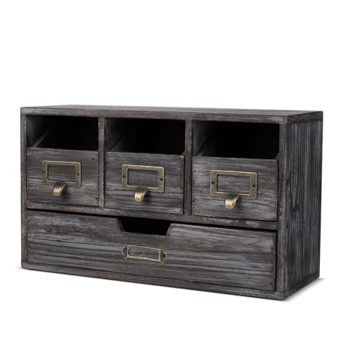 Flexzion Apothecary Cabinet with 4 Drawers - Vintage Rustic Wood Desktop Organizer for Home & Office Supplies - Tabletop Wooden Storage for Catalog, Card, Jewelry, Makeup, Craft & Tools - Image 1
