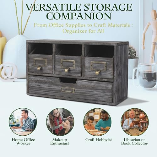 Flexzion Apothecary Cabinet with 4 Drawers - Vintage Rustic Wood Desktop Organizer for Home & Office Supplies - Tabletop Wooden Storage for Catalog, Card, Jewelry, Makeup, Craft & Tools - Image 4