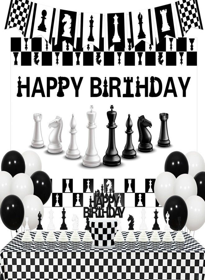 Balterever Chess Birthday Decorations International Chess Birthday Backdrop Banner Garland TableCloth Cake Topper for Funny Board Game Chess Bday Party Decor - Image 1