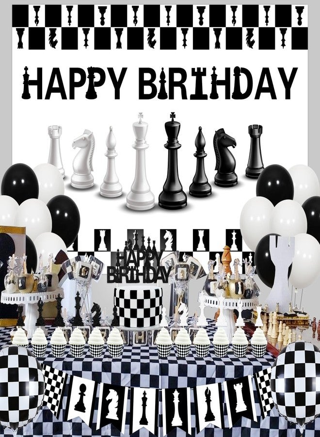 Balterever Chess Birthday Decorations International Chess Birthday Backdrop Banner Garland TableCloth Cake Topper for Funny Board Game Chess Bday Party Decor - Image 2