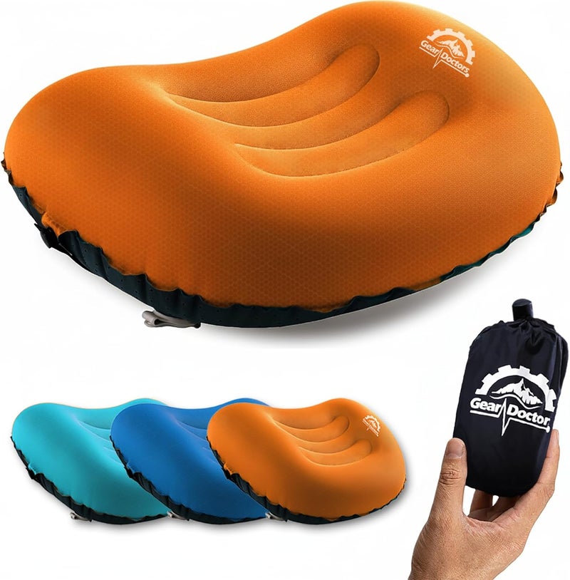 Gear Doctors 3.5oz Compact Ultralight Inflatable Camping Pillow— Inflatable Camp Pillow— Backpacking Pillows Ultralight— Camping Pillows for Sleeping, Hiking, Traveling, Beach, Office Working [Orange] - Image 1
