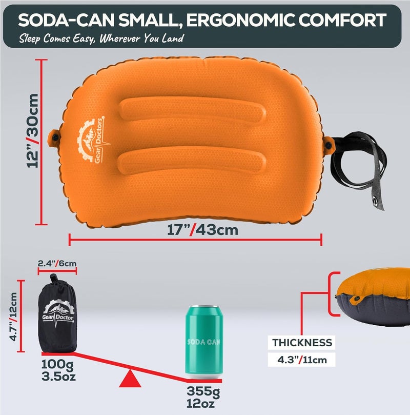 Gear Doctors 3.5oz Compact Ultralight Inflatable Camping Pillow— Inflatable Camp Pillow— Backpacking Pillows Ultralight— Camping Pillows for Sleeping, Hiking, Traveling, Beach, Office Working [Orange] - Image 2