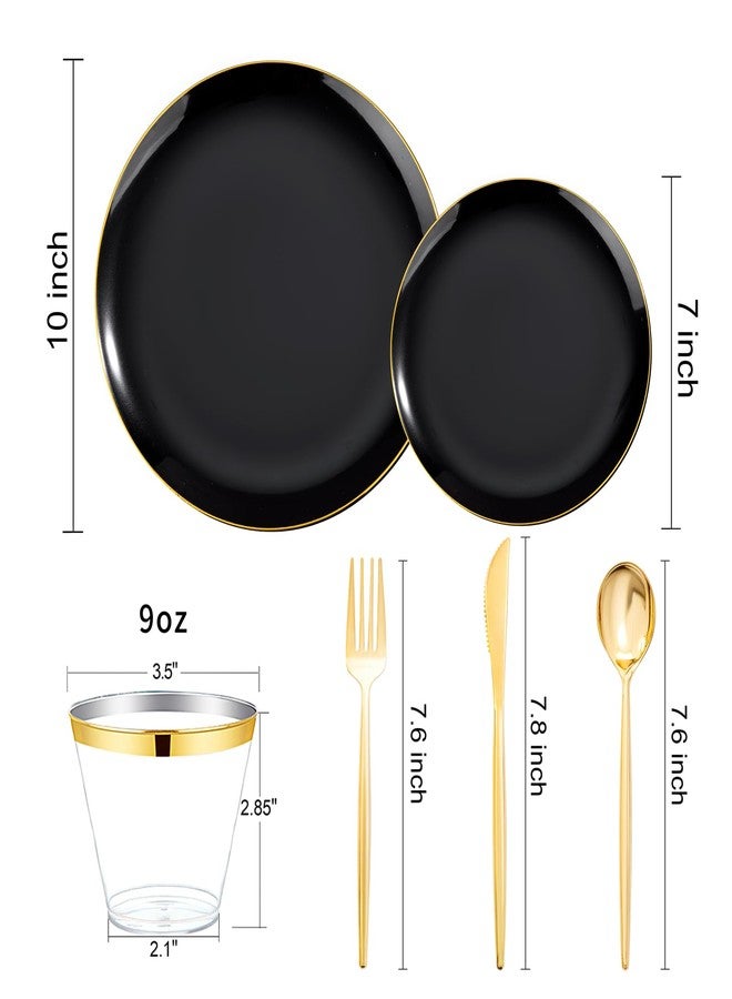 bUCLA 150PCS Black and Gold Plastic Plates - Black Gold Plastic Dinnerware Set Disposable - Include 25 Dinner / 25 Dessert Plates, 25 Knives, 25 Forks, 25 Spoons, 25 Cups, Ideal for Party - Image 2