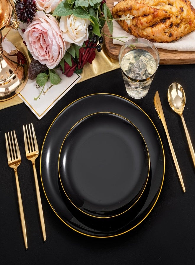 bUCLA 150PCS Black and Gold Plastic Plates - Black Gold Plastic Dinnerware Set Disposable - Include 25 Dinner / 25 Dessert Plates, 25 Knives, 25 Forks, 25 Spoons, 25 Cups, Ideal for Party - Image 3