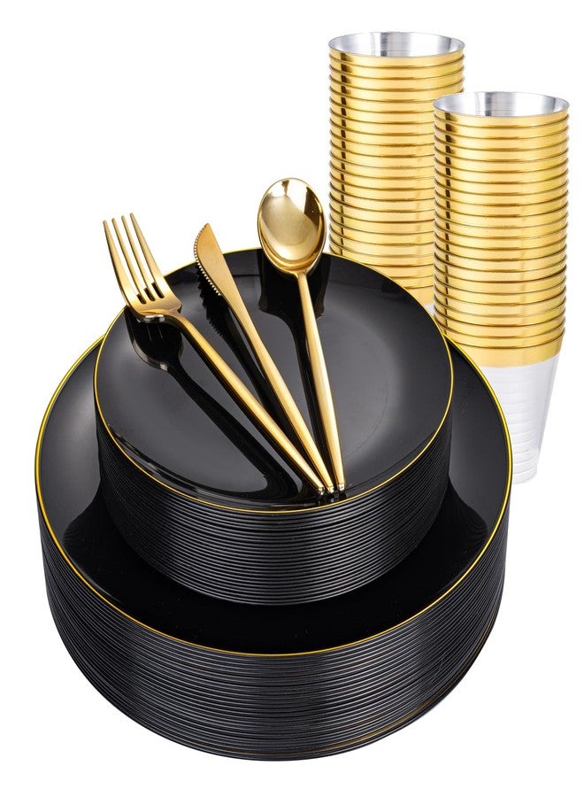 bUCLA 150PCS Black and Gold Plastic Plates - Black Gold Plastic Dinnerware Set Disposable - Include 25 Dinner / 25 Dessert Plates, 25 Knives, 25 Forks, 25 Spoons, 25 Cups, Ideal for Party - Image 1