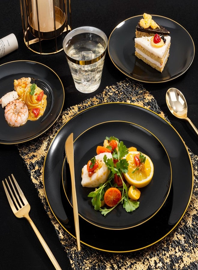bUCLA 150PCS Black and Gold Plastic Plates - Black Gold Plastic Dinnerware Set Disposable - Include 25 Dinner / 25 Dessert Plates, 25 Knives, 25 Forks, 25 Spoons, 25 Cups, Ideal for Party - Image 5