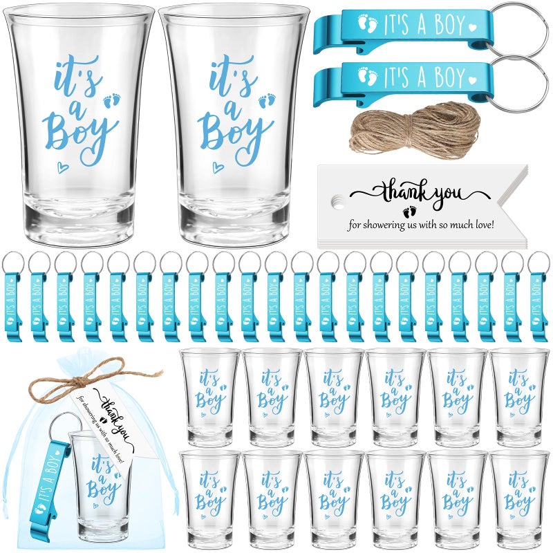 Singhoow 50 Sets Baby Shower Favor for Guests Acrylic Shot Glasses with Bottle Opener Keychains Thank You Tags and Bags Gender Reveal Party Favors for Guest Baby Shower Return GiftBoy - Image 2
