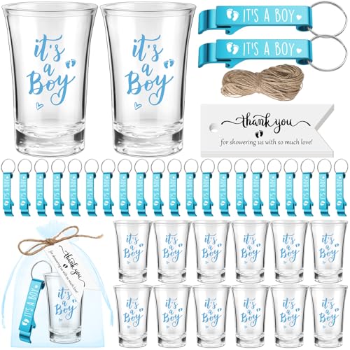Singhoow 50 Sets Baby Shower Favor for Guests Acrylic Shot Glasses with Bottle Opener Keychains Thank You Tags and Bags Gender Reveal Party Favors for Guest Baby Shower Return GiftBoy - Image 1