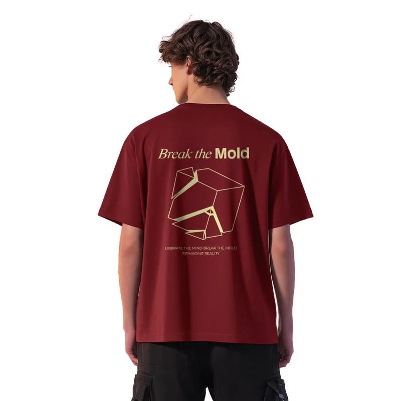 NOBERO Men's Maroon Oversized Graphic T-Shirt