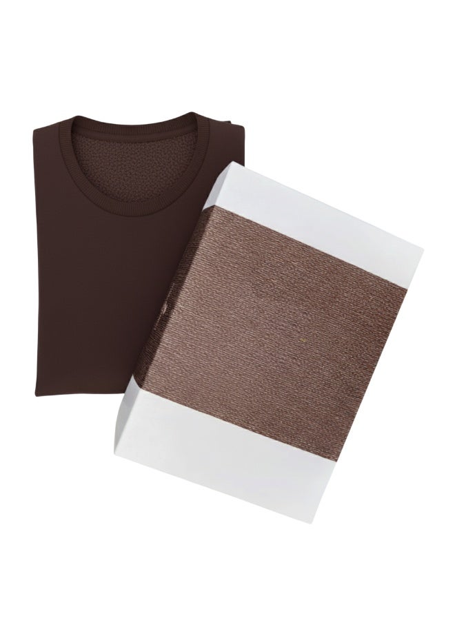 بيجامة شتوية رجالية فرو داخلي قطن 100% – طقم نوم رجالي دافئ كم طويل وسروال طويل –بلون بني – ناعم دافئ للشتاء - Image 1