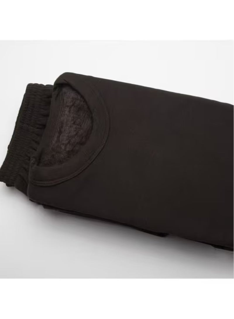 بيجامة شتوية رجالية فرو داخلي قطن 100% – طقم نوم رجالي دافئ كم طويل وسروال طويل –بلون بني – ناعم دافئ للشتاء - Image 3