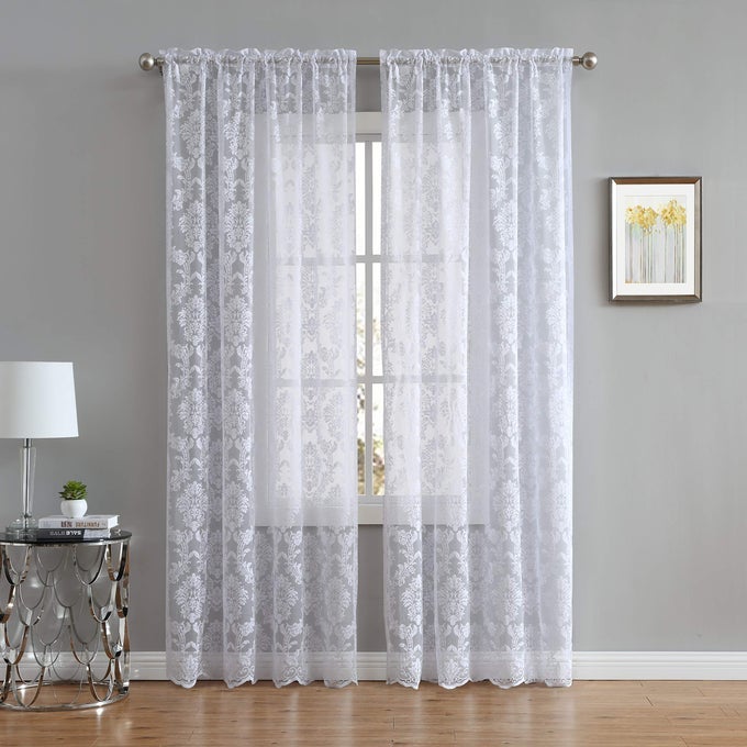 FLOWING LACE CURTAINS WITH DAMASK PATTERN PAIR OF SHEER CURTAINS FOR WINDOWS FOR PRIVACY LIGHT FILTERING BEAUTIFUL DCOR PERFECT FOR LIVING ROOM OR KITCHEN FIONA 54 X 84 WHITE