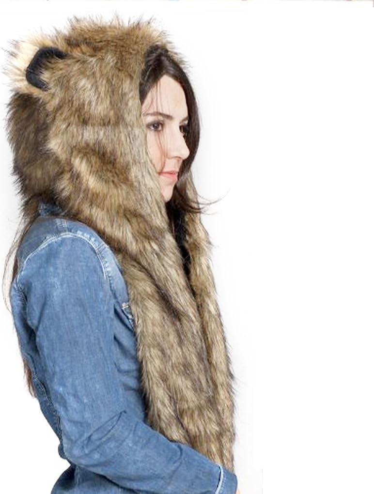 Winter Animal Hat Faux Fur Hooded Scarf Cute Furry Ears Paw Gloves Pocket Hoodie Beanie Cap Party Costume for Women Girls