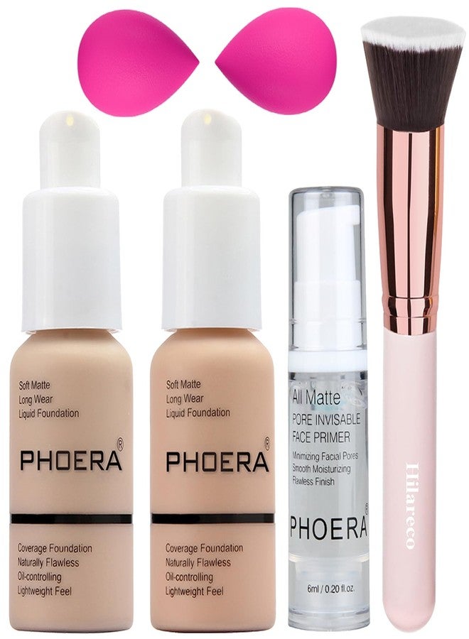 Hilareco PHOERA Foundation,PHOERA Makeup for Women,PHOERA Matte Liquide Foundation Full Coverage,PHOERA Primer,PHOERA Concealer,Kabuki Makeup Brushes Foundation,2 Makeup Sponge(102 Nude + 103 Warm peach) - Image 1