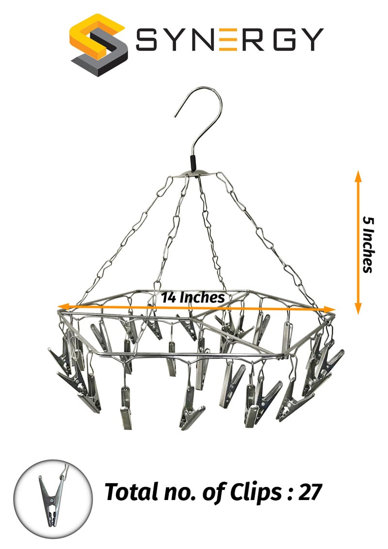 Synergy 27 Clips Stainless Steel Hexagon Cloth Hanger/Clothes Stand for Drying/Clothes Drying Stand/Hanger with Clips/Baby Clothes Dryer/Undergarments Hanger/Stand for Drying Clothes (SY-CS16) - Image 2