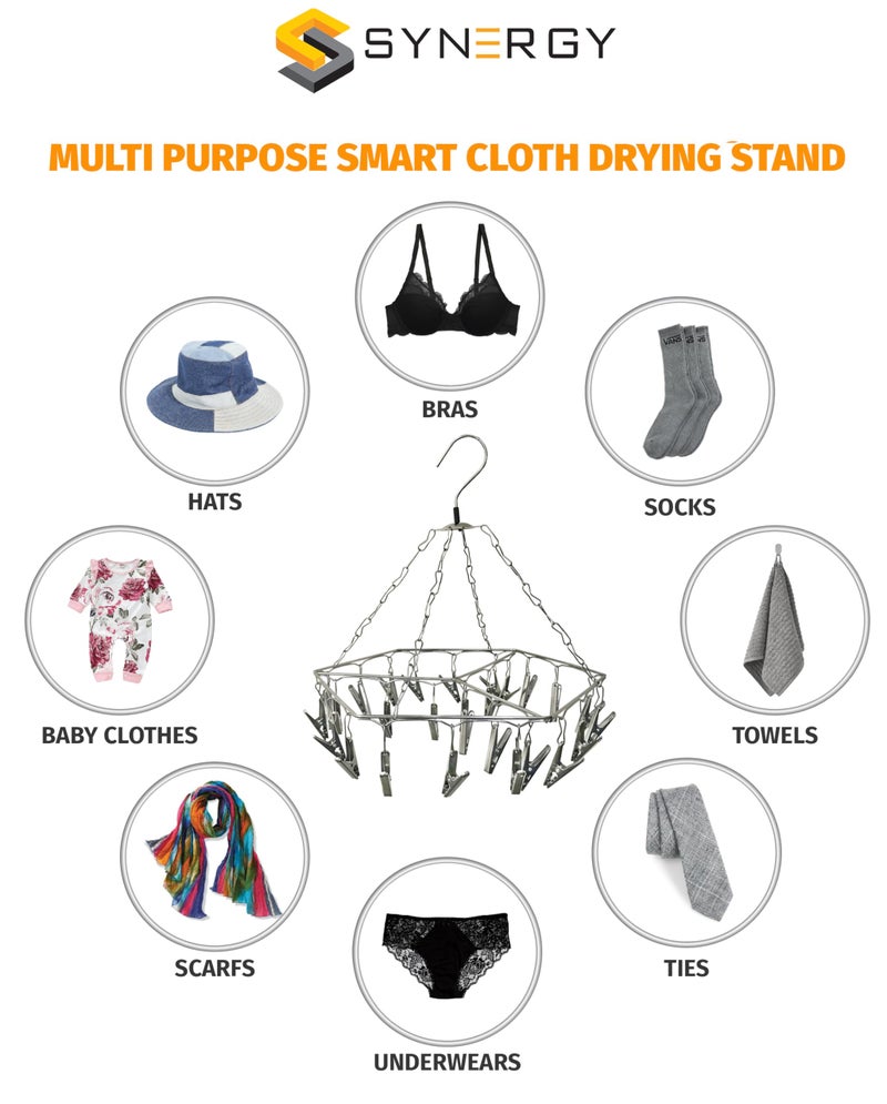 Synergy 27 Clips Stainless Steel Hexagon Cloth Hanger/Clothes Stand for Drying/Clothes Drying Stand/Hanger with Clips/Baby Clothes Dryer/Undergarments Hanger/Stand for Drying Clothes (SY-CS16) - Image 4
