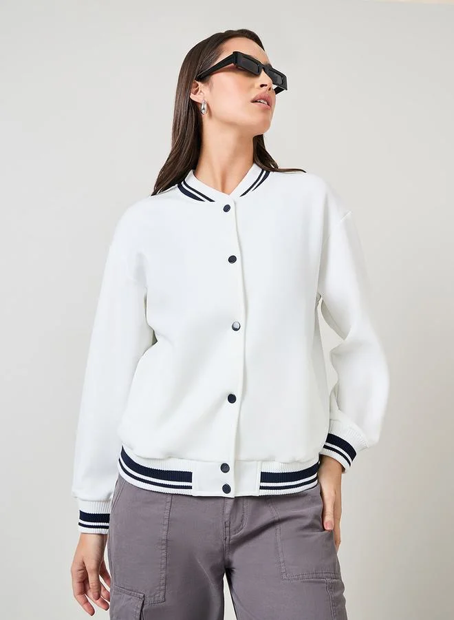 Styli Solid Regular Fit Varsity Bomber Jacket