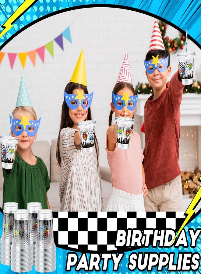 73Hours 50 Pcs 12 oz Disposable Plastic Cups with Straws, Lids and Leakproof Paper Clear Birthday Party Cups Supplies Birthday Table Decorations(Hero,Multicolor) - Image 5
