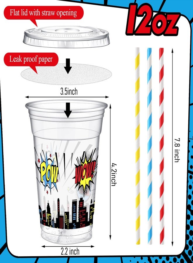 73Hours 50 Pcs 12 oz Disposable Plastic Cups with Straws, Lids and Leakproof Paper Clear Birthday Party Cups Supplies Birthday Table Decorations(Hero,Multicolor) - Image 3