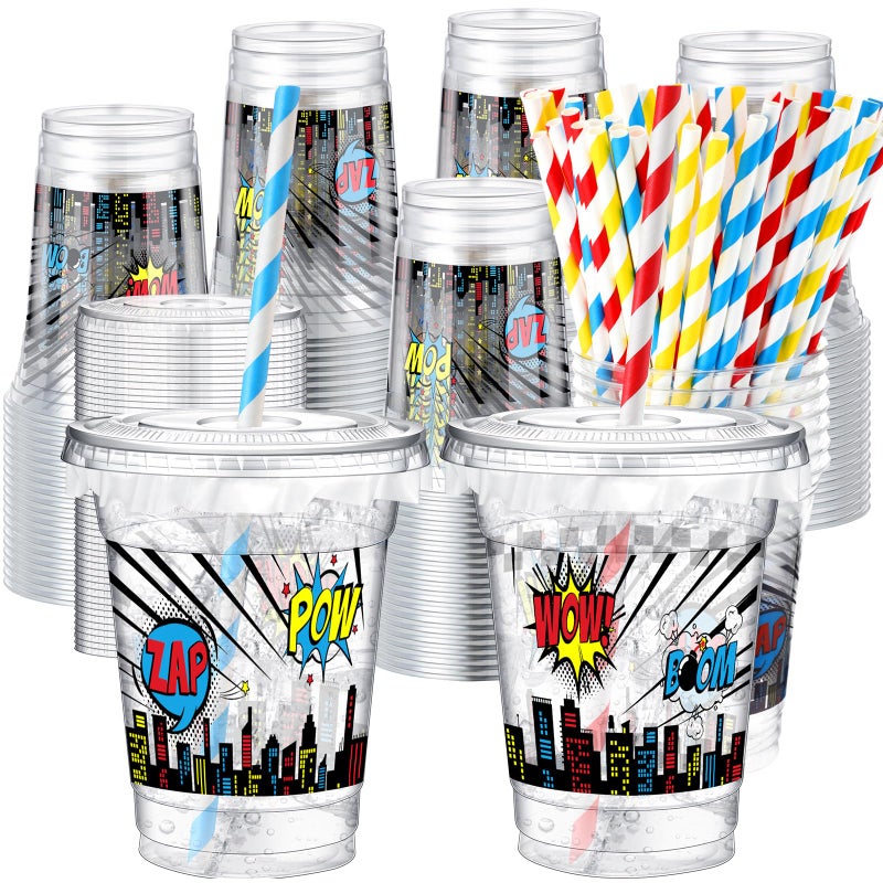 73Hours 50 Pcs 12 oz Disposable Plastic Cups with Straws, Lids and Leakproof Paper Clear Birthday Party Cups Supplies Birthday Table Decorations(Hero,Multicolor) - Image 1
