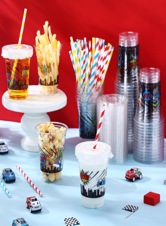 73Hours 50 Pcs 12 oz Disposable Plastic Cups with Straws, Lids and Leakproof Paper Clear Birthday Party Cups Supplies Birthday Table Decorations(Hero,Multicolor) - Image 4
