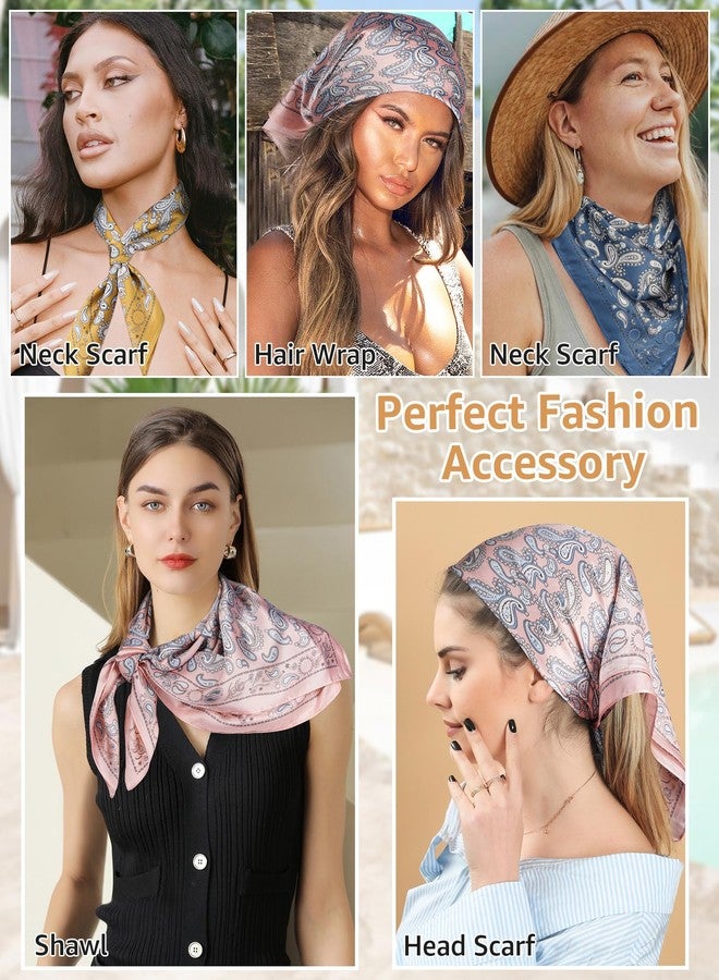 سي اتش ال اي انس اس وشاح رأس ساتان من CHLINS، 4 قطع، مقاس 27.5 بوصة، وشاح حريري للنساء، وشاح شعر خفيف الوزن، وشاح للرأس، وشاح للرقبة، لفافة شعر (أصفر + وردي + أخضر + كحلي) - Image 3